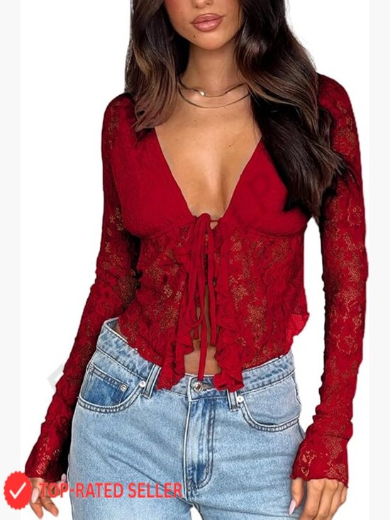 Tops - Women's Long Sleeve Sheer Mesh Lace Crop Top Open Front Tie Blouse Ruffle Trim
